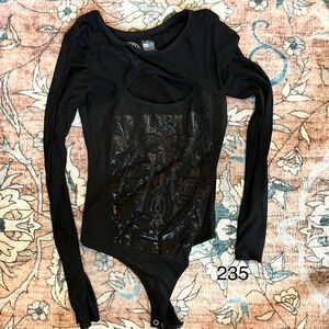 Affliction Live Fast Women’s Bodysuit Size XS Sheer Mesh Low Cut Black Moto